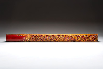Six Chinese gilt-lacquered carved wooden panels with narrative design, 19th C.