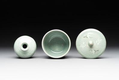 Three Korean celadon-glazed vases and a covered bowl, 20th C.