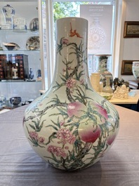 A Chinese famille rose 'nine peaches' 'tianqiuping' vase, Qianlong mark, 19/20th C.