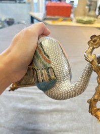 A pair of Chinese cloisonn&eacute; cranes, later mounted as candelabras, 19th C.