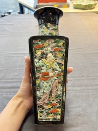 A Chinese robin's egg-glazed vase with relief floral design and a famille noire 'Four Heavenly Kings' vase, 19th C.