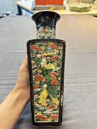 A Chinese robin's egg-glazed vase with relief floral design and a famille noire 'Four Heavenly Kings' vase, 19th C.
