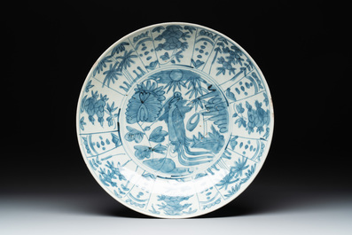 Three large Chinese Swatow blue and white dishes, Ming