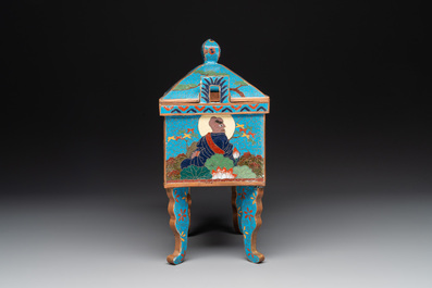 A Chinese archaistic enamelled copper 'elephant' censer with cover and a cloisonn&eacute; 'Luohan' censer with cover, 20th C.