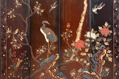 A Chinese coromandel lacquer four-panel folding screen with narrative and birds design, 20th C.
