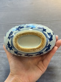 A rare Chinese blue and white 'magpie among flowering branches' moonflask, Yongzheng/Qianlong