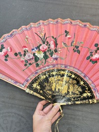 A Chinese Canton gilt-lacquered and painted paper fan with its original box, 19th C.