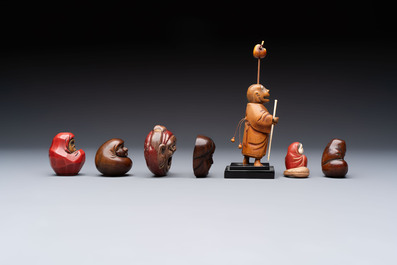 Two Japanese lacquer inro, a pipe and seven netsuke, some signed, Edo/Meiji, 18/19th C.