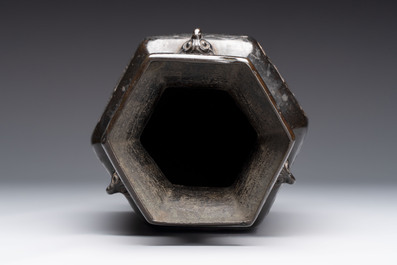 A rare Chinese hexagonal archaistic bronze vase with flame design, Song/Yuan