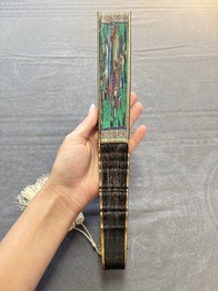 A Chinese Canton gilt-lacquered and painted paper fan with its original box, 19th C.