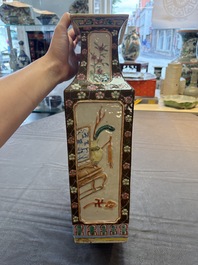 A pair of Chinese famille rose relief-moulded rectangular 'antiquities' vases, 19th C.
