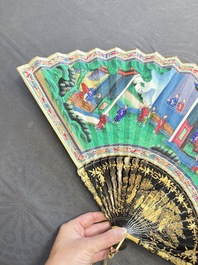 A Chinese Canton gilt-lacquered and painted paper fan with its original box, 19th C.