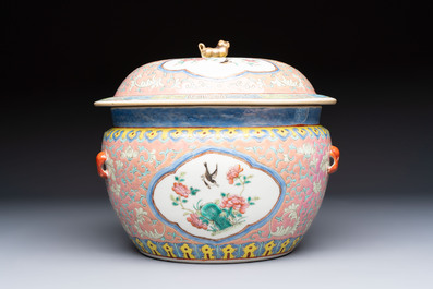 A Chinese famille rose pink-ground 'kamcheng' bowl and cover for the Straits or Peranakan market, on a wooden stand, 19th C.