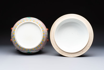 A Chinese famille rose pink-ground 'kamcheng' bowl and cover for the Straits or Peranakan market, on a wooden stand, 19th C.