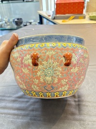 A Chinese famille rose pink-ground 'kamcheng' bowl and cover for the Straits or Peranakan market, on a wooden stand, 19th C.