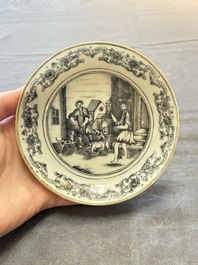 A Chinese famille rose 'card-players' plate, a pattipan and a grisaille saucer, Qianlong