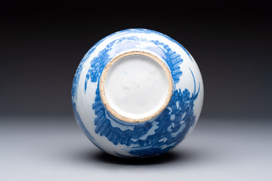 A blue and white Dutch Delft Transitional style chinoiserie bottle vase, late 17th C.