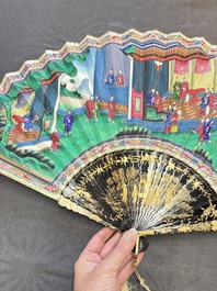 A Chinese Canton gilt-lacquered and painted paper fan with its original box, 19th C.