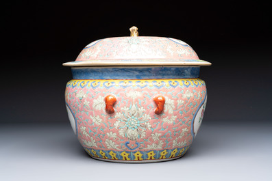 A Chinese famille rose pink-ground 'kamcheng' bowl and cover for the Straits or Peranakan market, on a wooden stand, 19th C.
