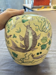 A pair of Chinese verte biscuit 'fish' jars and covers, 19th C.