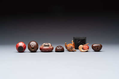 Two Japanese lacquer inro, a pipe and seven netsuke, some signed, Edo/Meiji, 18/19th C.