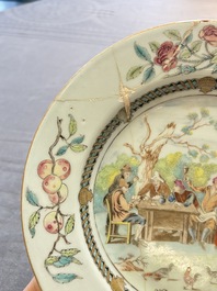 A Chinese famille rose 'card-players' plate, a pattipan and a grisaille saucer, Qianlong
