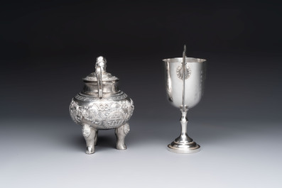 A Chinese or Vietnamese silver covered tripod censer and a Chinese silver trophy-form &lsquo;Lin Zhi Cheng Xiang 麟趾呈祥&rsquo; goblet, 19/20th C.