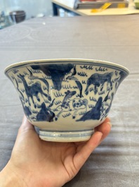 Two Chinese blue and white vases after Venetian glass models and a 'horses' bowl, Kangxi