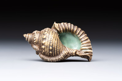 A rare Chinese brown- and turquoise-glazed conch-form brush washer, Qianlong