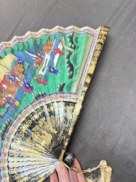 A Chinese Canton gilt-lacquered and painted paper fan with its original box, 19th C.