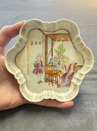 A Chinese famille rose 'card-players' plate, a pattipan and a grisaille saucer, Qianlong