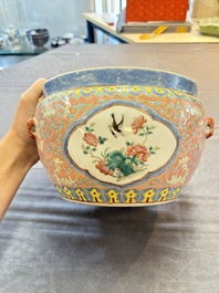 A Chinese famille rose pink-ground 'kamcheng' bowl and cover for the Straits or Peranakan market, on a wooden stand, 19th C.