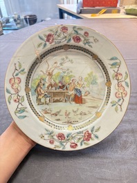A Chinese famille rose 'card-players' plate, a pattipan and a grisaille saucer, Qianlong