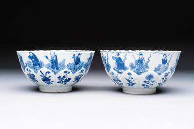 Two Chinese blue and white 'immortals' bowls, Chenghua and Kangxi mark, Kangxi