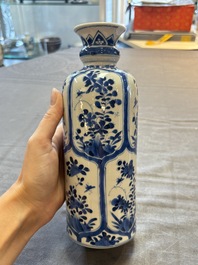 Three Chinese blue and white vases, one with wooden cover, Kangxi