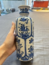 Three Chinese blue and white vases, one with wooden cover, Kangxi