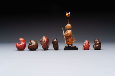 Two Japanese lacquer inro, a pipe and seven netsuke, some signed, Edo/Meiji, 18/19th C.
