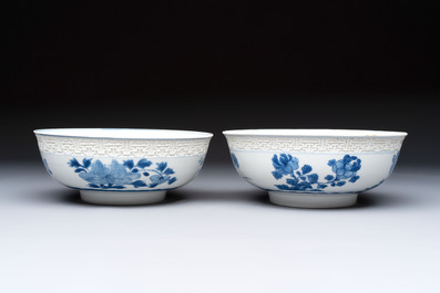 A pair of Chinese blue and white relief-border 'Lan Caihe' bowls, Kangxi
