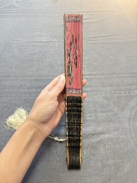 A Chinese Canton gilt-lacquered and painted paper fan with its original box, 19th C.