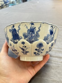 Two Chinese blue and white 'immortals' bowls, Chenghua and Kangxi mark, Kangxi