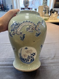 A Chinese blue, white and copper-red celadon-ground 'dragon and phoenix' vase, Kangxi