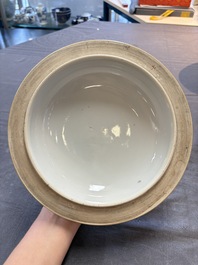 A Chinese famille rose pink-ground 'kamcheng' bowl and cover for the Straits or Peranakan market, on a wooden stand, 19th C.