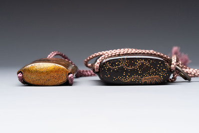 Two Japanese lacquer inro, a pipe and seven netsuke, some signed, Edo/Meiji, 18/19th C.