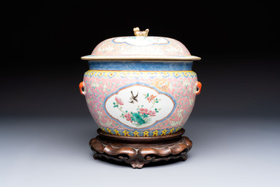 A Chinese famille rose pink-ground 'kamcheng' bowl and cover for the Straits or Peranakan market, on a wooden stand, 19th C.