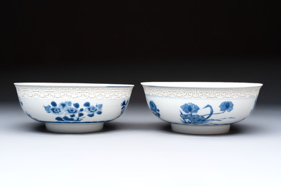 A pair of Chinese blue and white relief-border 'Lan Caihe' bowls, Kangxi