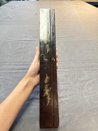 A Chinese Canton gilt-lacquered and painted paper fan with its original box, 19th C.