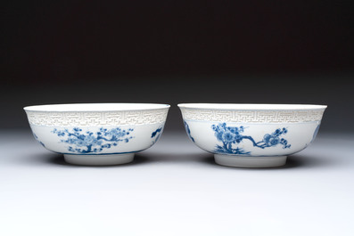 A pair of Chinese blue and white relief-border 'Lan Caihe' bowls, Kangxi