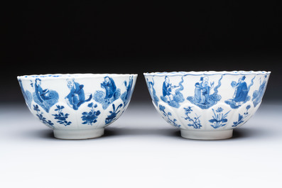 Two Chinese blue and white 'immortals' bowls, Chenghua and Kangxi mark, Kangxi