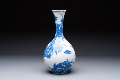 A blue and white Dutch Delft Transitional style chinoiserie bottle vase, late 17th C.