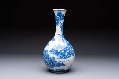 A blue and white Dutch Delft Transitional style chinoiserie bottle vase, late 17th C.
